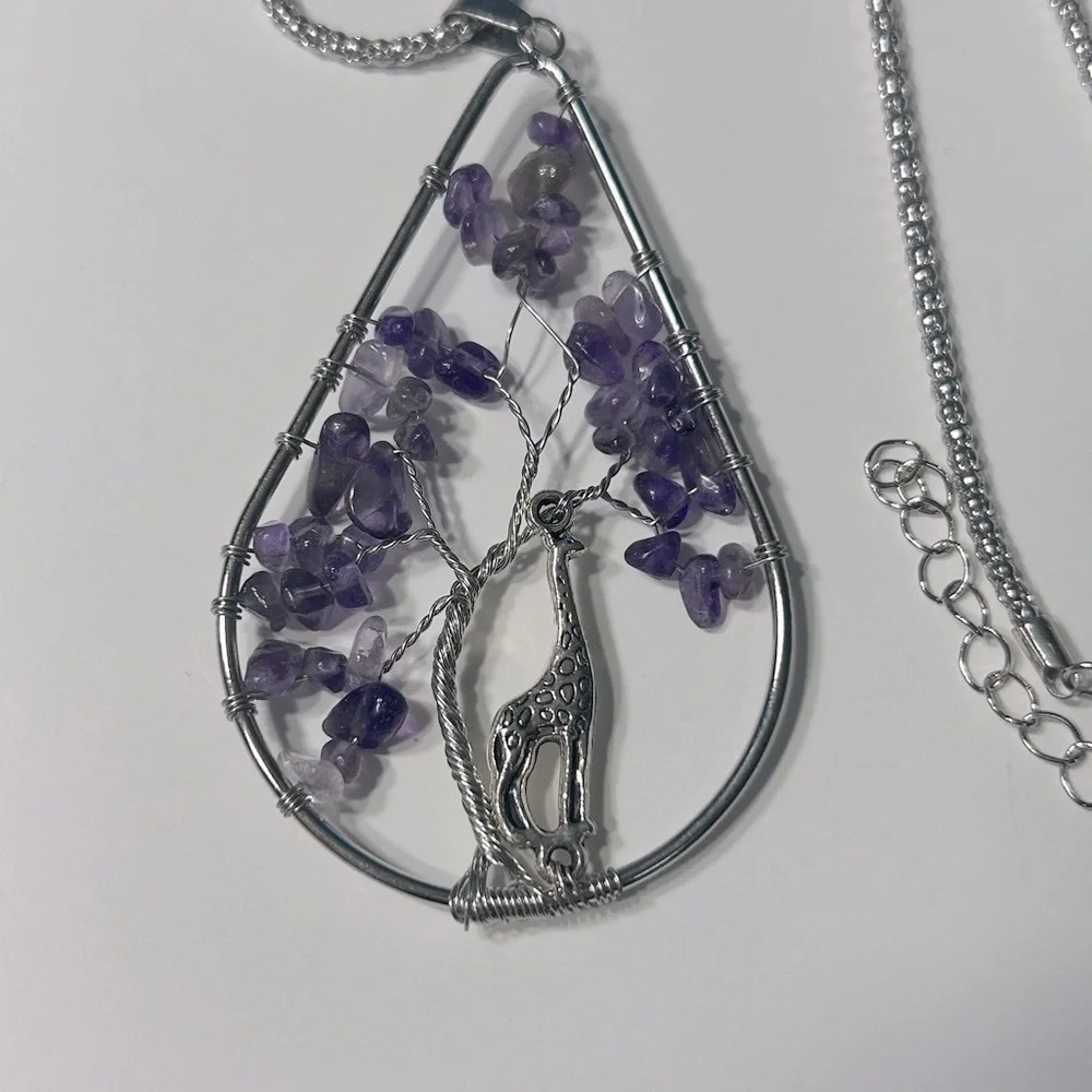 Wire Wrapped Amethyst Tree Of  Life w/Giraffe Pendant🦒📿🟣 - Picture 1 of 9
